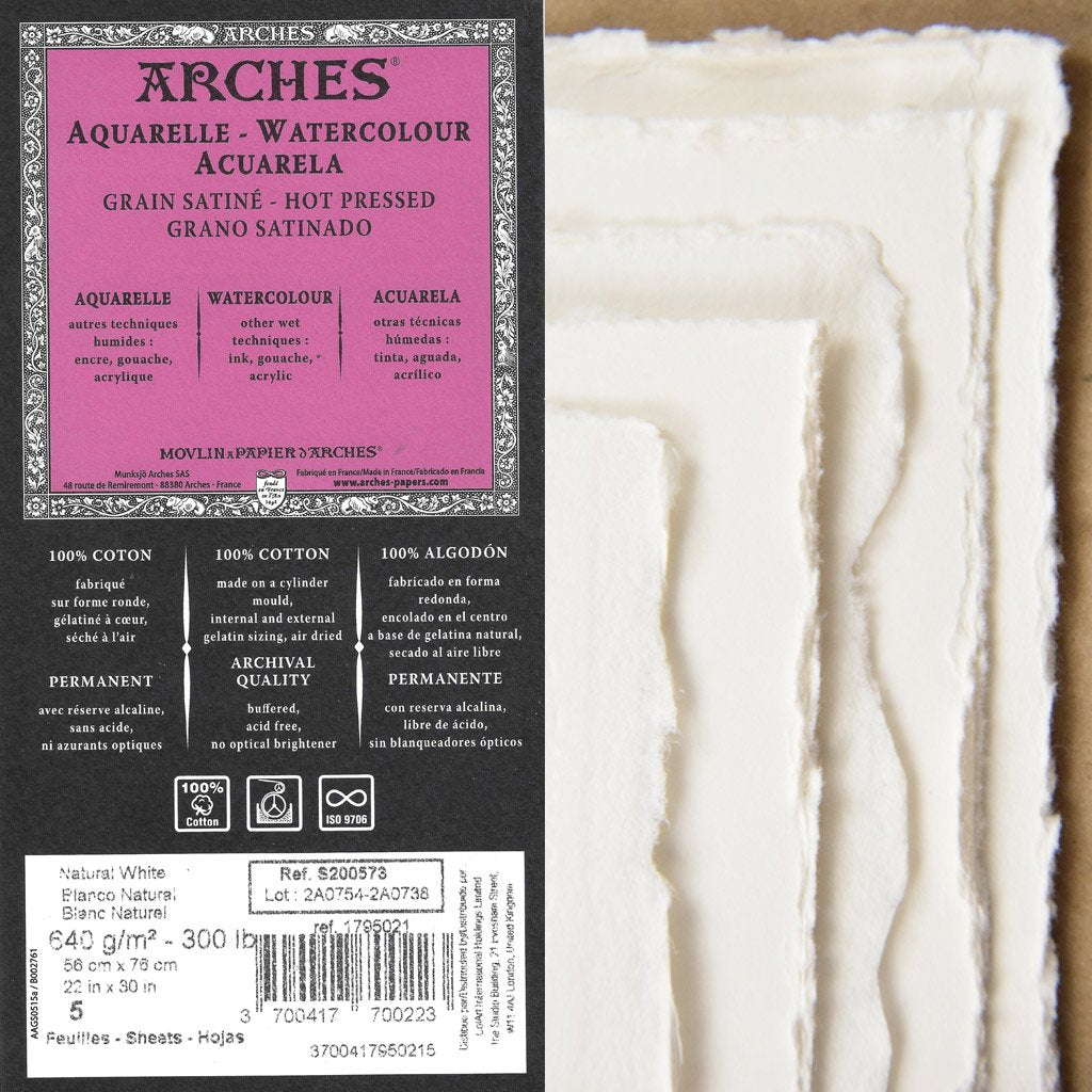 Arches Watercolor Paper 90 lb Hot Press - Natural White, 22 x 30 (10  Sheets)