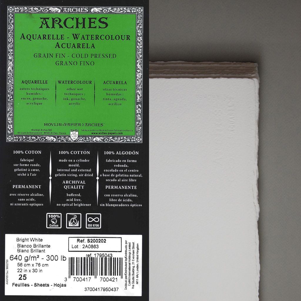 Arches Aquarelle Cotton Watercolor Paper 22 x 30 - 4 Sheets Cold Press  140 LBS